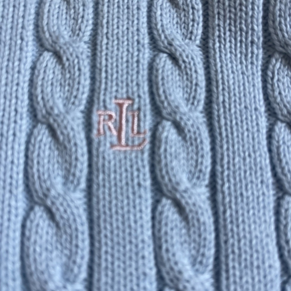 Lauren Ralph Lauren XL Cable Knit Sweater Baby Blue  Logo Fisherman Preppy - Picture 6 of 7